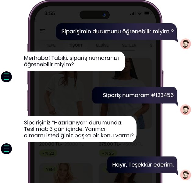 AI Chat Agent sipariş durumu sorgulama diyaloğu, e-ticaret sipariş takibi ve müşteri hizmetleri otomasyonu.