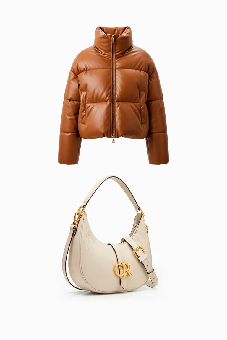 AI Studio Kahverengi deri mont ve bej omuz çantası ürün görseli, e-ticaret için AI Visual Try-On çözümü.