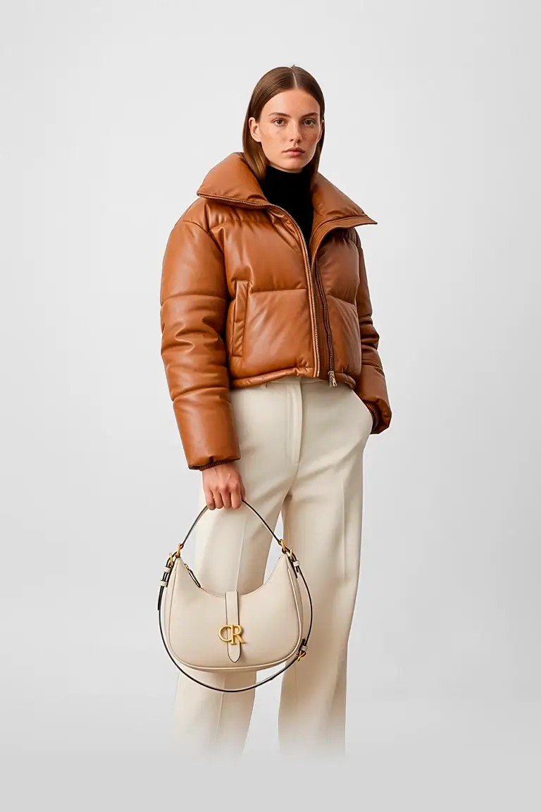 AI Studio Kahverengi deri mont ve bej omuz çantası ile poz veren kadın model – AI Visual Try-On moda çekimi.