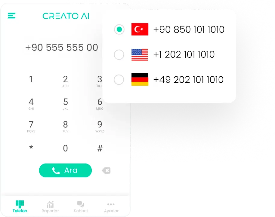 CREATO AI Call Agent sanal telefon arayüzü – uluslararası numara seçimi ve arama başlatma ekranı.