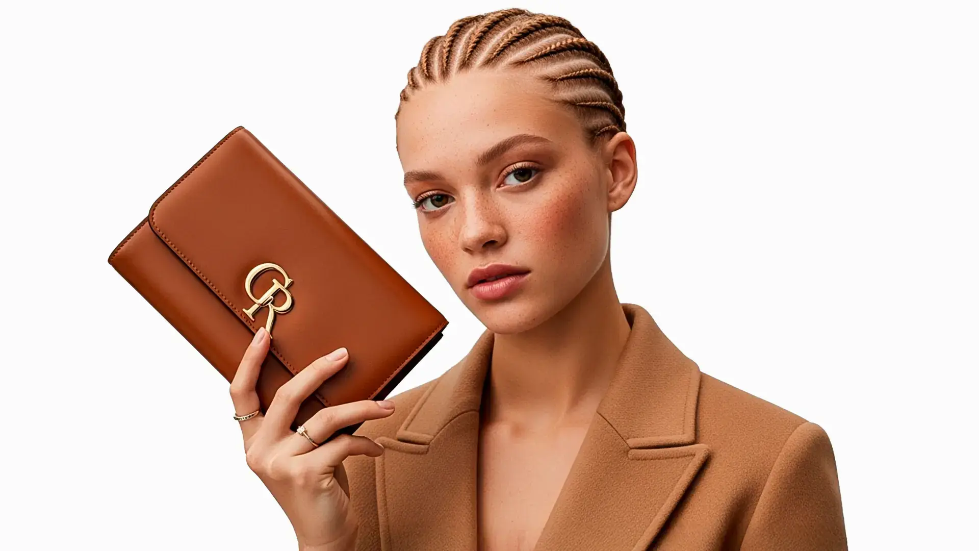 Kahverengi cüzdanı elinde tutan şık kadın model, AI Studio ürün tanıtımı