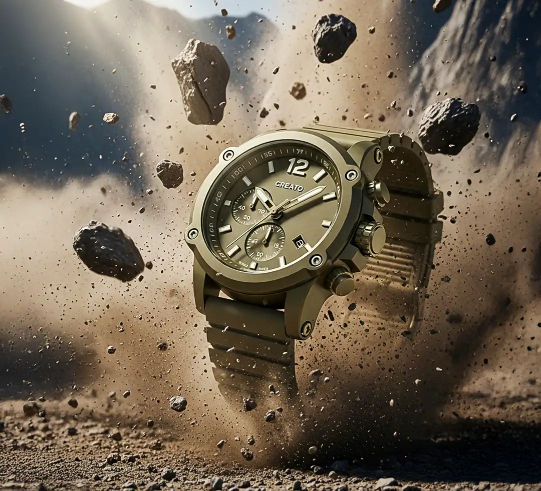AI Studio – AI Reklam Kreatifleri: Toz ve kaya efektleriyle patlayan dayanıklı askeri yeşil akıllı saat