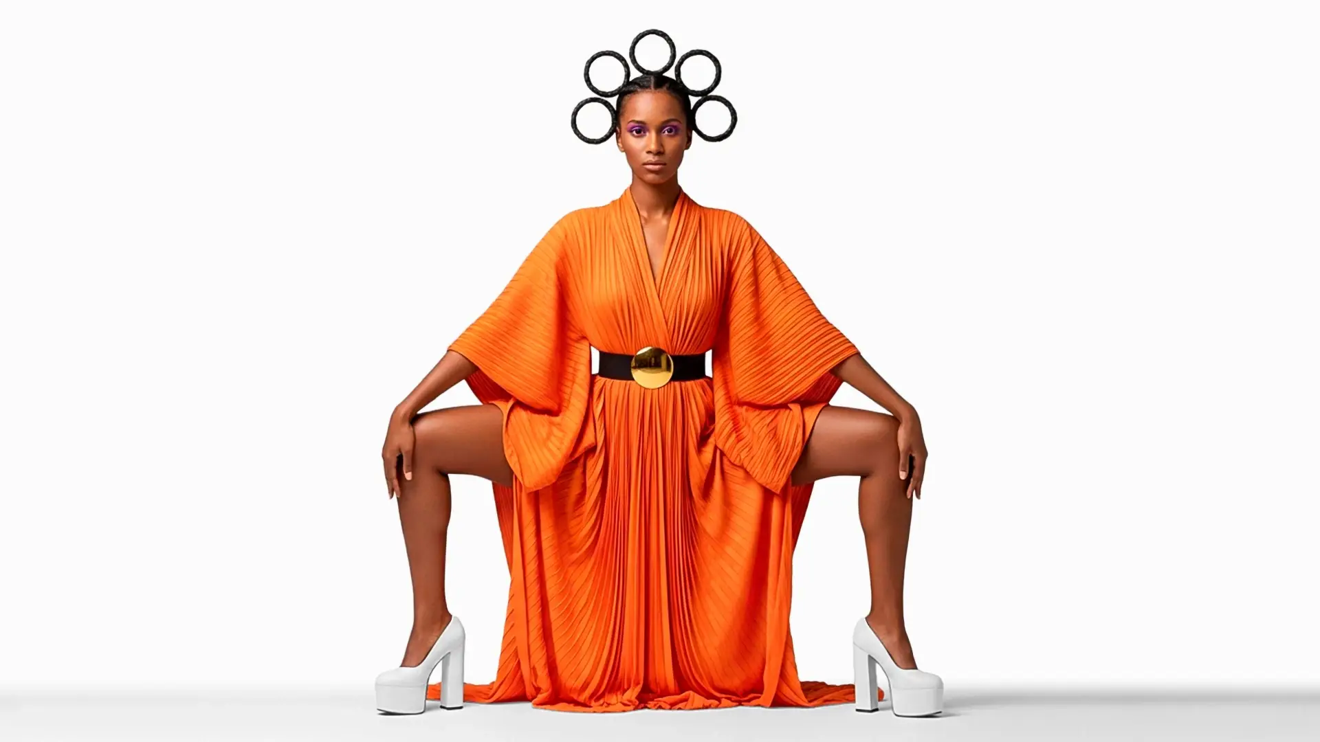 Turuncu elbiseli kadın model, modern moda çekimi ve yaratıcı konsept, AI Studio prodüksiyonu