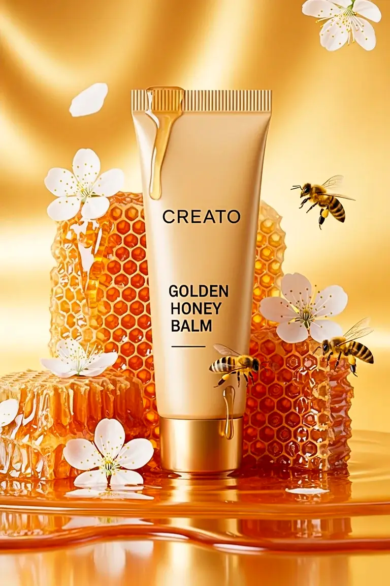 AI Studio – AI Reklam Kreatifleri: Bal peteği ve çiçekler arasında doğal içerikli Golden Honey Balm krem